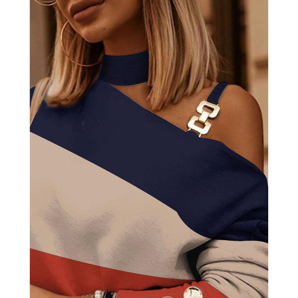 Осень и зима с длинными рукавами, цепочка, висящая на шее, свободный принт, сексуальное украшение на пуговицах, повседневный женский топ