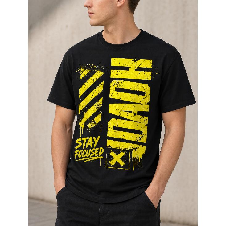 men's black short sleeve crew neck t-shirt with bold yellow grunge graphic print "stay focused" for casual streetwear everyday wear