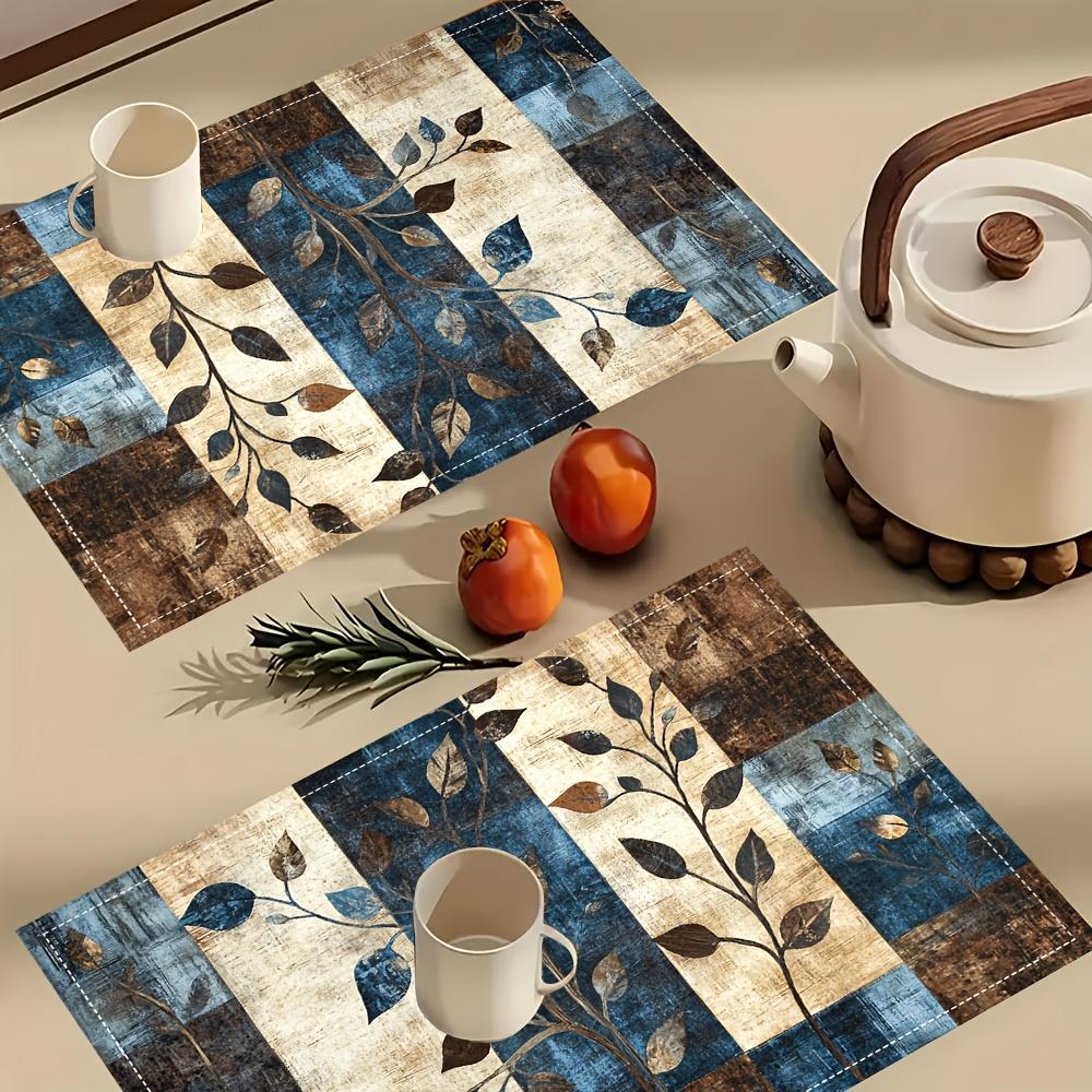 Set of 4 Placemats Featuring a Forest Patchwork Design in Blue, Brown, And Beige, Perfect for Dining Tables, Kitchens, Parties, Indoor Use, Holidays