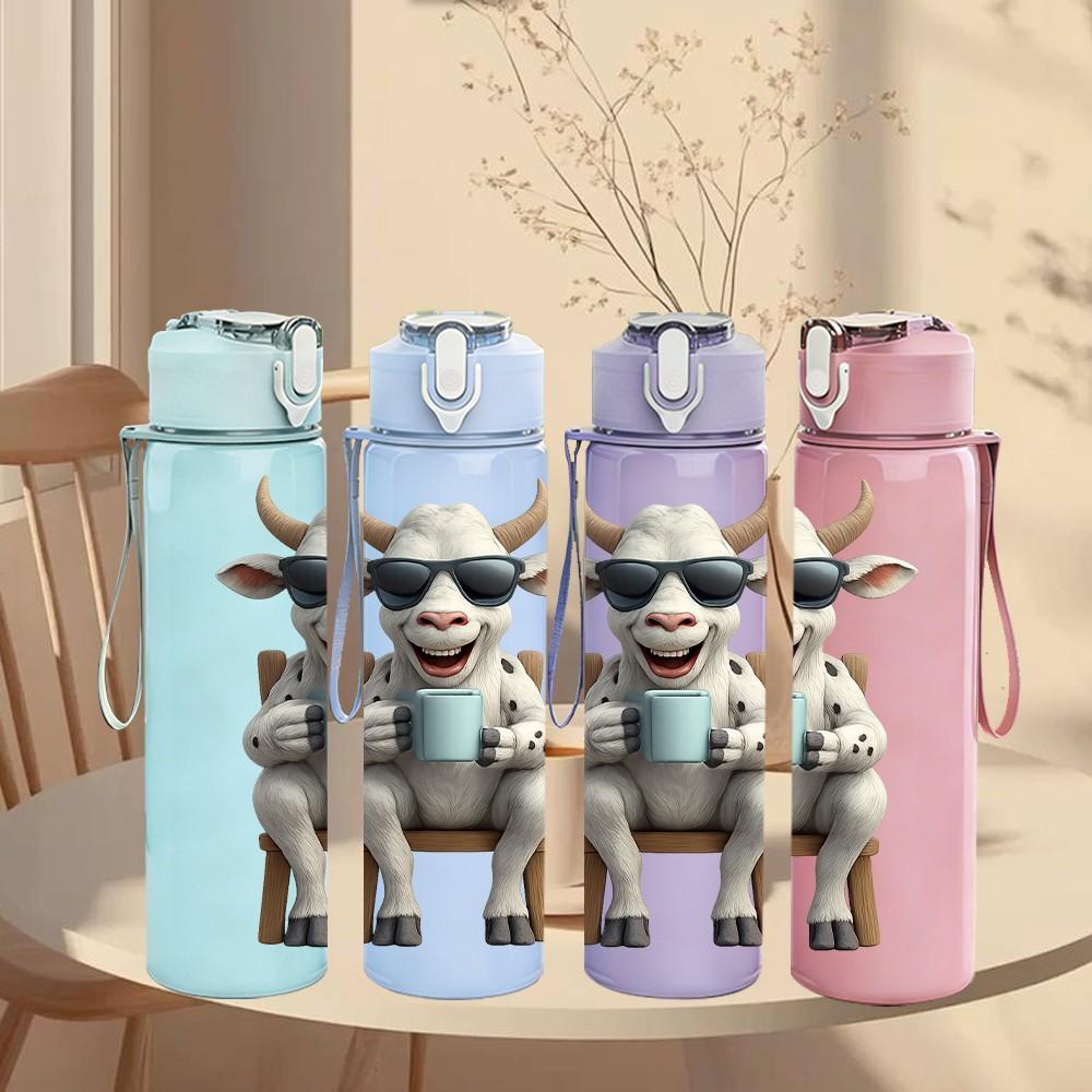 1PC Cool Bull Cow Cartoon 750ml Color Plastic Sports Water Bottle Leakproof Flip Straw Lid Suitable for Sports Office Home Use