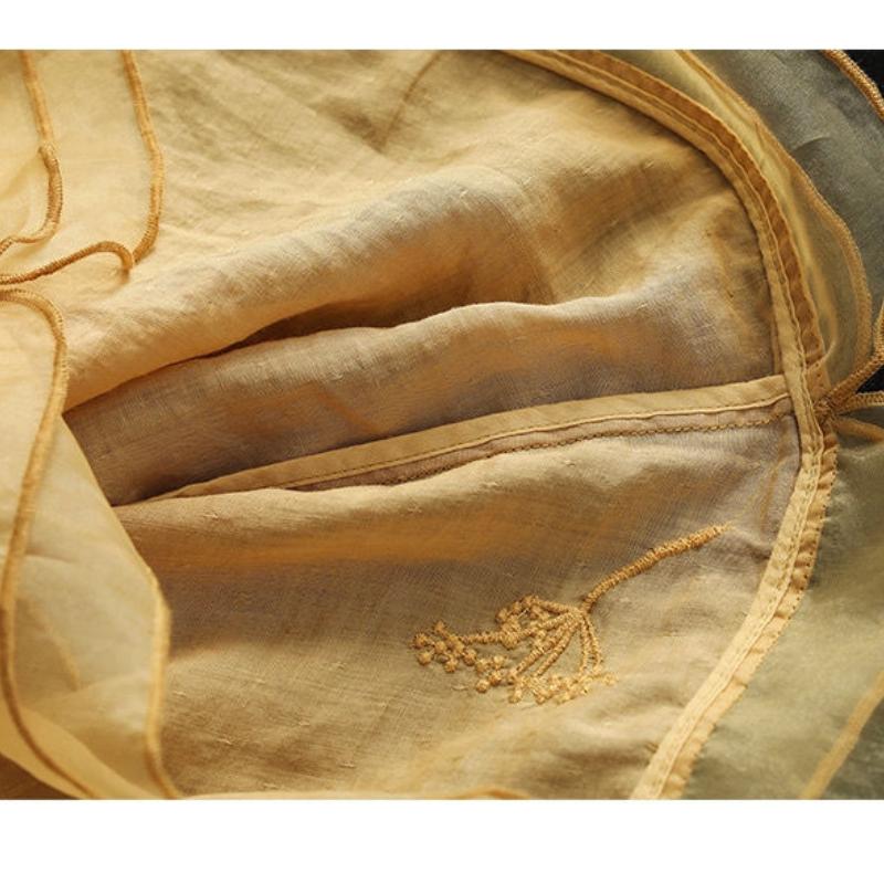 Хлопковая льняная рубашка в стиле ретро, ​​женские рубашки с литературной вышивкой, лоскутная подол из органзы, тонкая блузка, топ