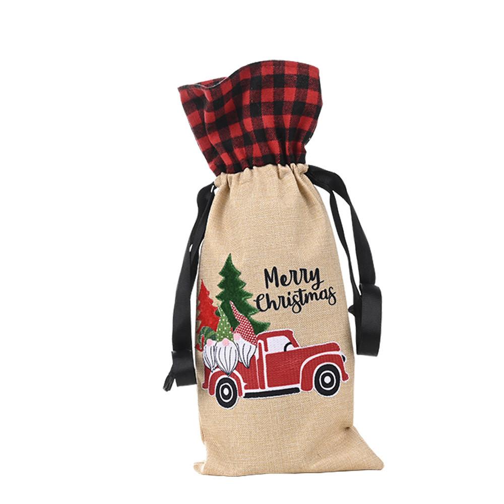 Charming Forest Santa Car Wine Bottle Bag Stylish Checkered Fabric Christmas Decoration