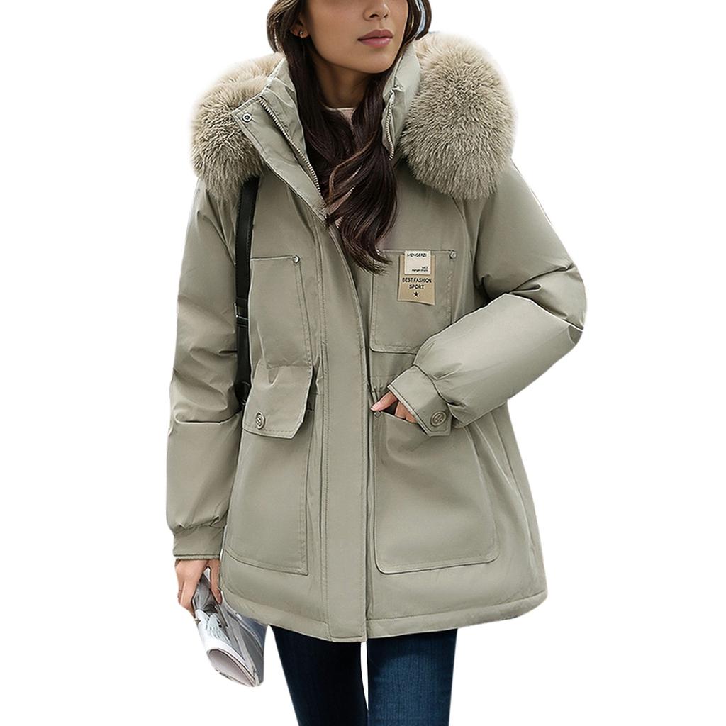 Women's Fashionable Skinny Plush Collar Zipper Hooded Winter Warm Cotton Coat Down Jacket