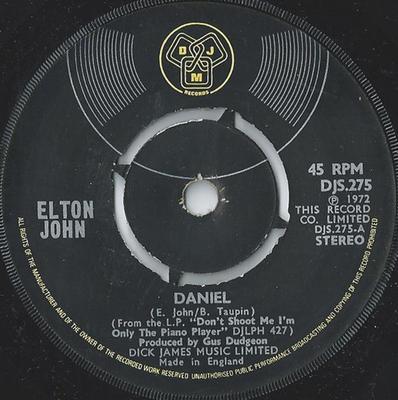 7-дюймовая пластинка ELTON JOHN - Daniel DJS275 DJM Records 1973 UK Поп Б/У