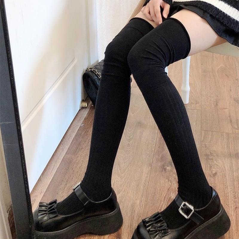 Womens Thin Solid Color Over-the-Knee Socks With Ruched Layering Design Cotton Blend Casual Long