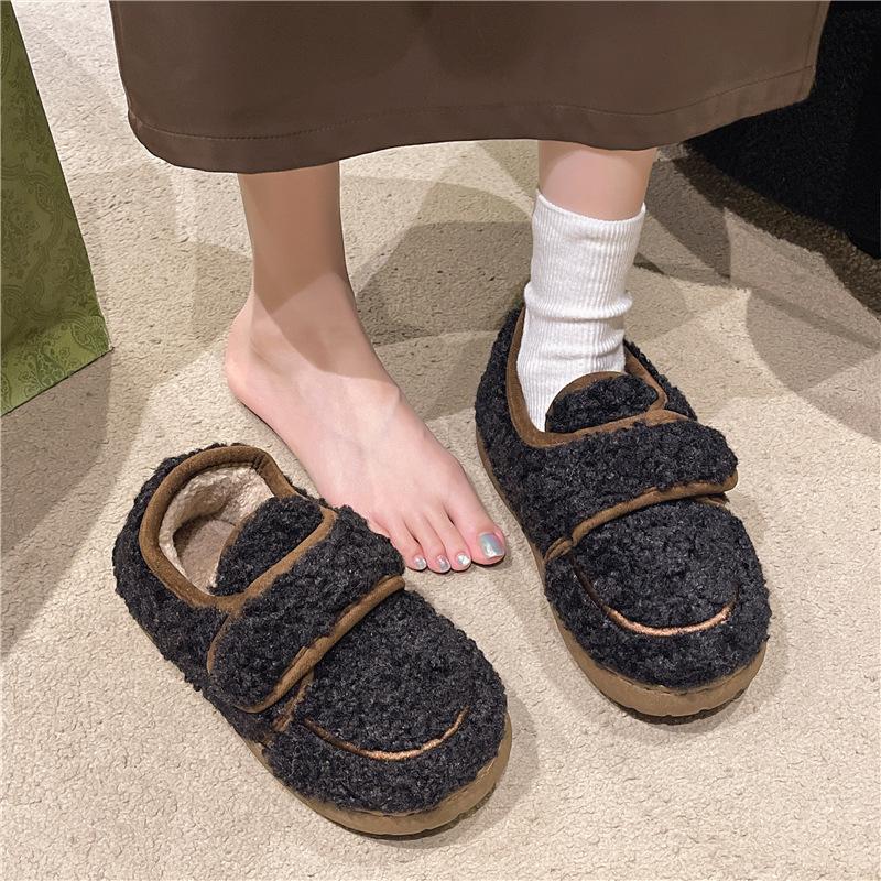 Модные зимние теплые меховые туфли для женщин, плюшевые домашние туфли, пушистые туфли из искусственного меха для дома и улицы, пушистые домашние гладкие тапочки