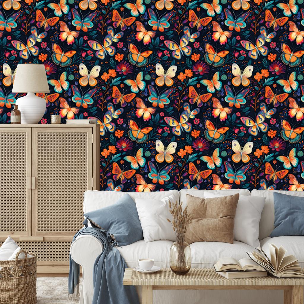 Wallpaper Colorful Butterflies Navy Blue and Turquoise for Living Room and Bedroom 50x1000