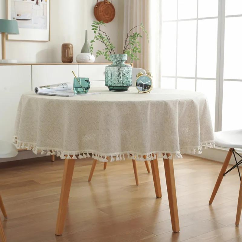French Round Tablecloth Household Circular Table Cover Linen Cotton Tablecloth with Tassels Home Party Wedding Kitchen Decor