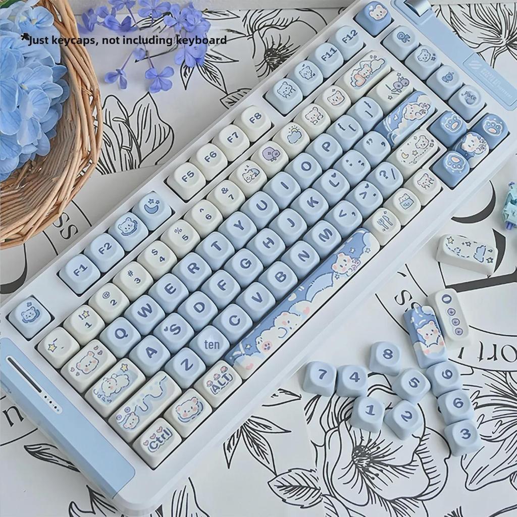 Набор колпачков для клавиш Ice Cream Bear Cute Blue Keycaps Set - сублимированный, 75-98 клавиш, полный набор для механических клавиатур