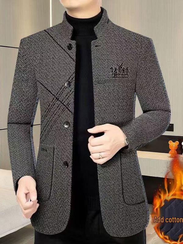 Мужская шерстяная куртка средней длины с воротником-стойкой - Business Casual для осени/зимы
