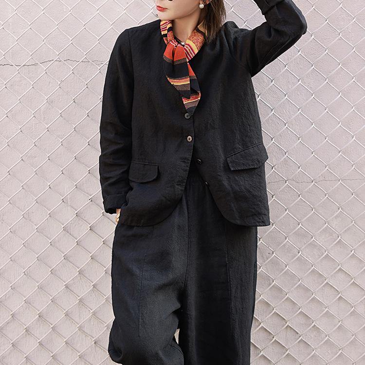 2025 Весна и Осень Черный Льняной Жакет С Круглым Вырезом Приталенного Кроя, Брюки-Морковь С Эластичной Талией Свободного Кроя