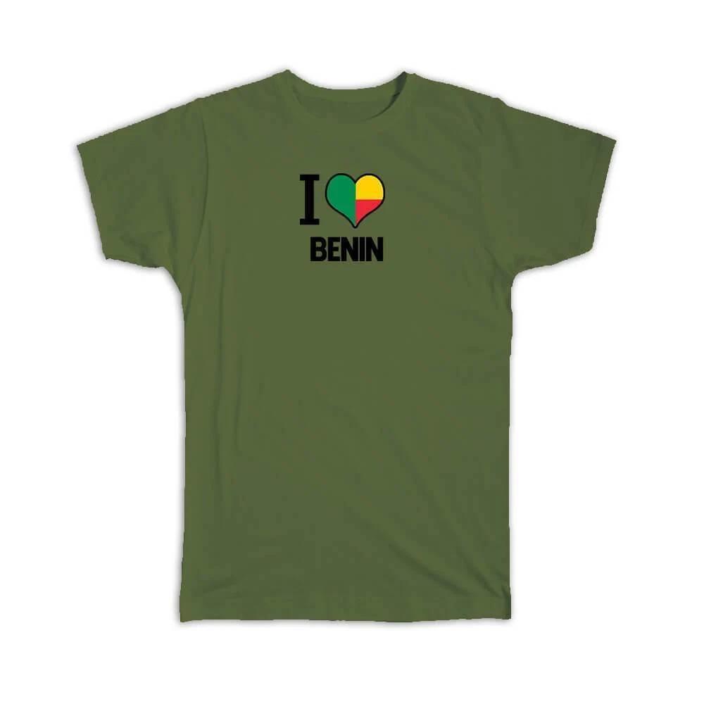 Gift T-Shirt : I Love Benin Flag Heart Country Crest Beninese Expat