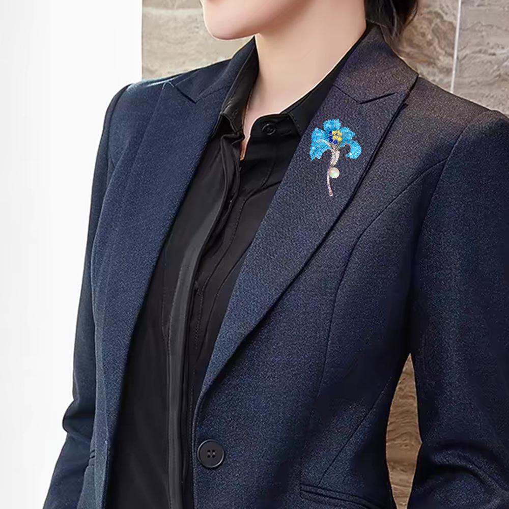 Ретро брошь-ирис с бирюзовой инкрустацией и цепочка для свитера - Роскошный двусторонний 3D женский аксессуар