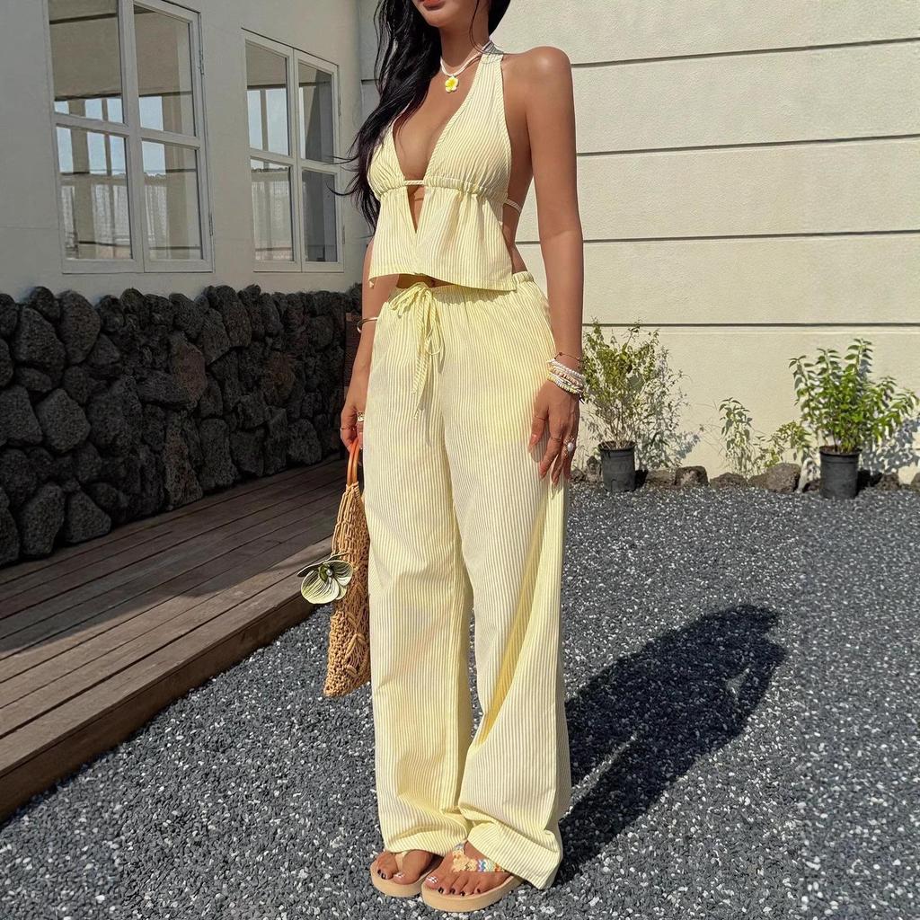 2026 Cross-Border Summer Striped V-Neck Vest & Straight-Leg Pants Set