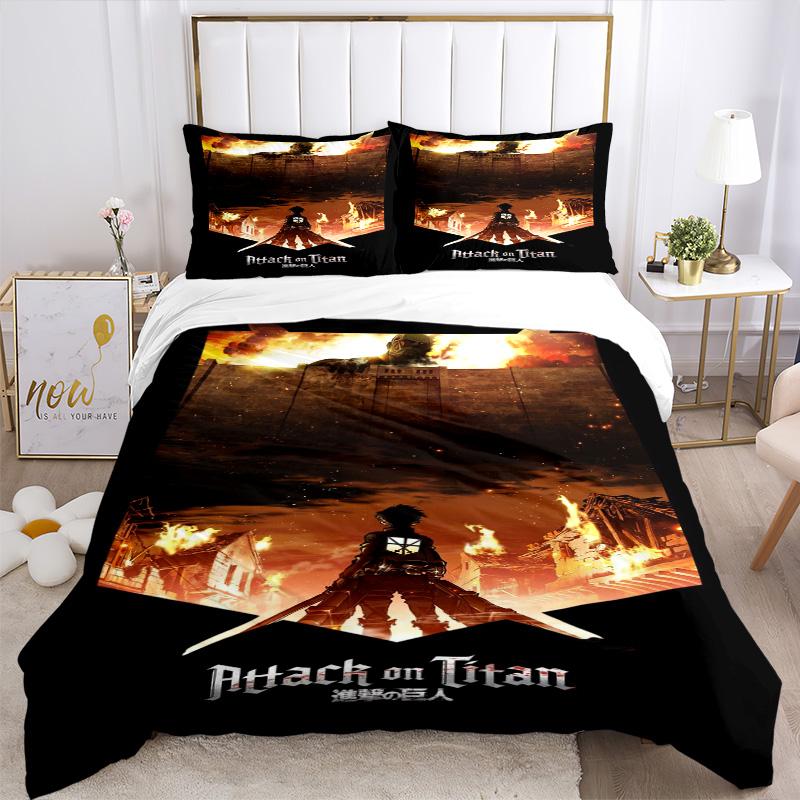 Attack Titan Fire Shadows Print 3Pcs Bedding Setduvet Cover With 2 Bedropillowcase Home Birthday Gift