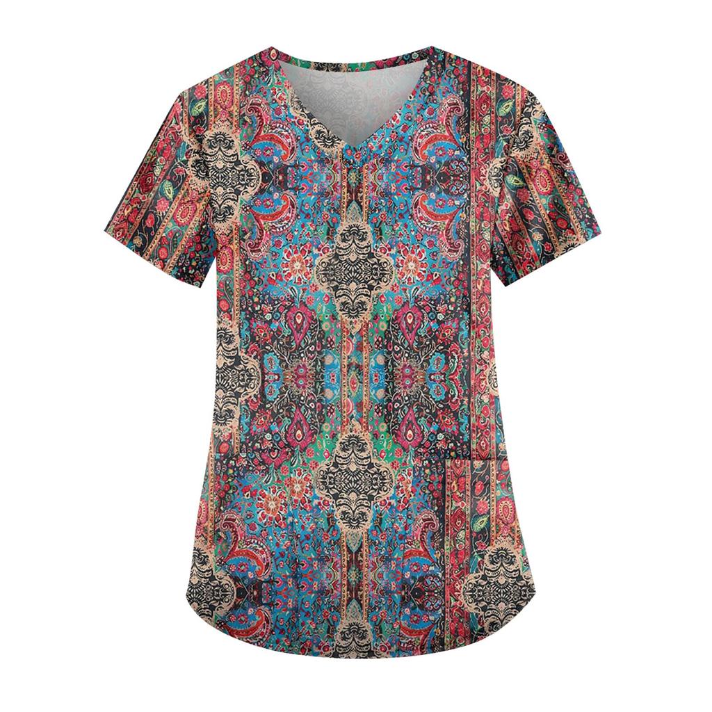 Plus Size Printed Scrub Working Uniform Tops For Women's V-Neck Short Sleeve Fun T-Shirts Workwear Tee With Pockets