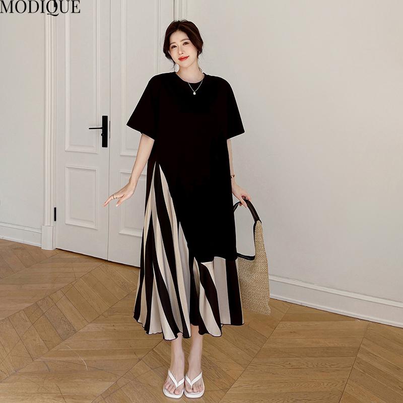 MODIQUE Летние Большие Размеры Новые Женские Свободные Базовые Футболки Шелковые Полоски Лоскутные Длинные Платья Женские Повседневные Платья С Коротким Рукавом О-Образным Вырезом