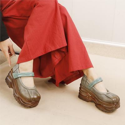 Туфли на танкетке в стиле ретро из натуральной кожи на толстой подошве, женские туфли-лодочки с круглым носком и ручным изготовлением на платформе