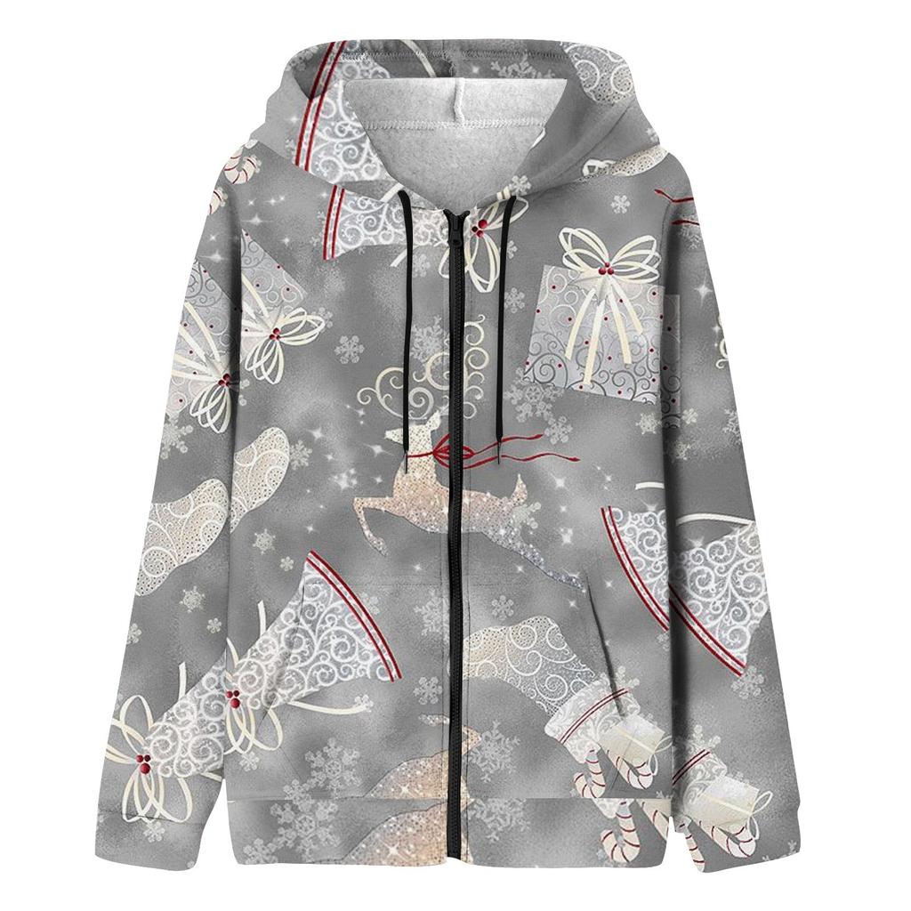 Женские толстовки на молнии для девочек-подростков, рождественский свитшот с принтом, одежда, повседневная куртка на шнурке с карманами