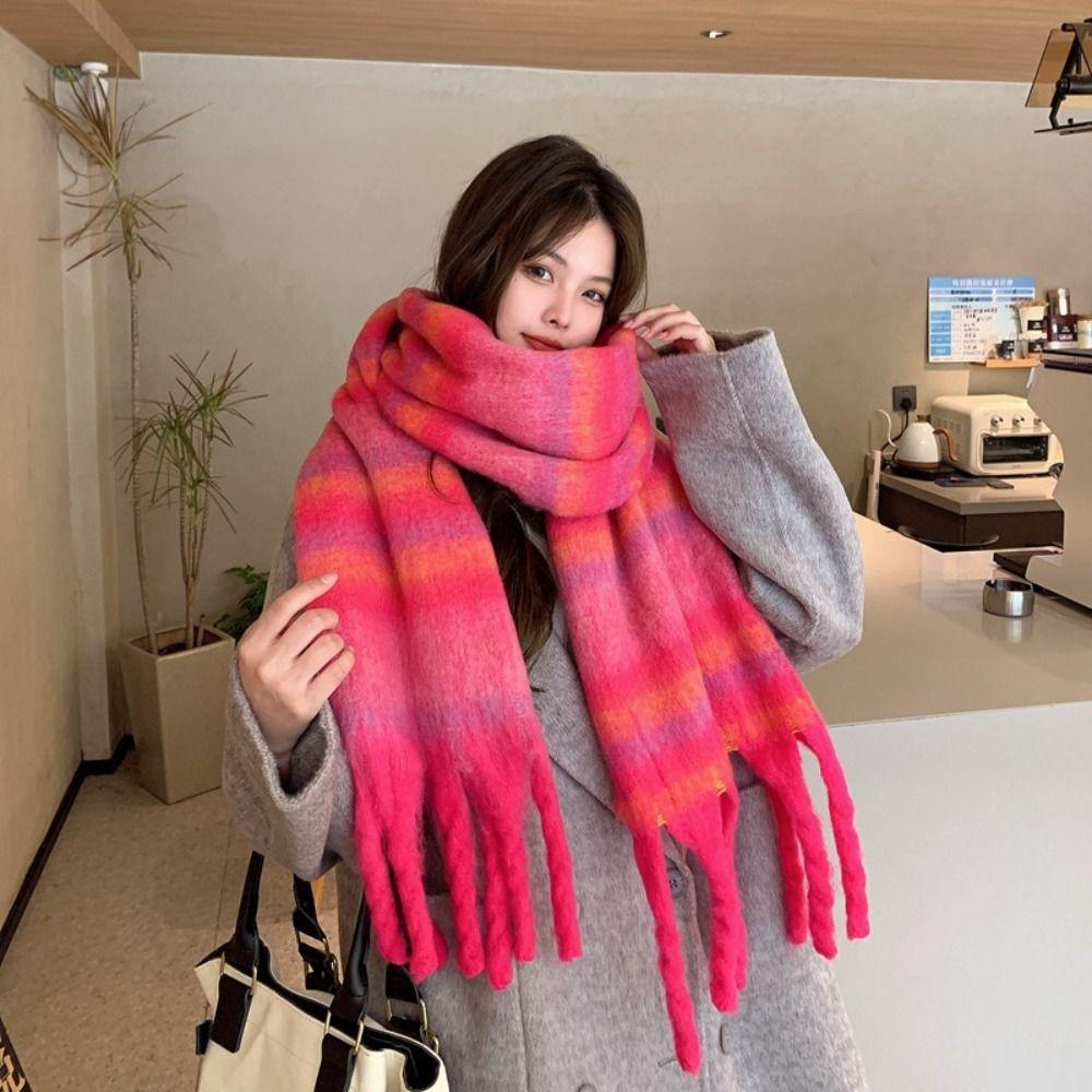 Warm Winter Cashmere Scarf Stripe Pattern Thickened Shawl Wrap New Long Tassel Scarves Women