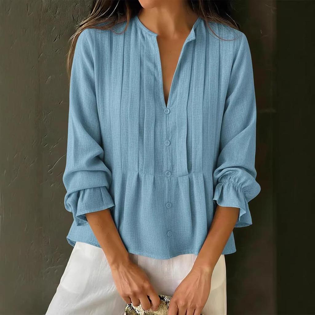 Женская хлопково-льняная рубашка в полоску с V-образным вырезом и длинным рукавом, весна/лето 2025