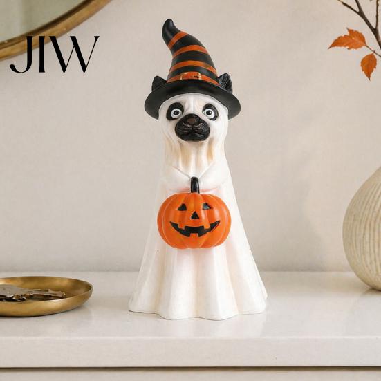 Cute Halloween Party Favors Ghost Dog Figurine, Wizard Hat Pumpkin Resin Statue, Tabletop Decor Festive for Entryway Bar Window Party, Lovely Holiday
