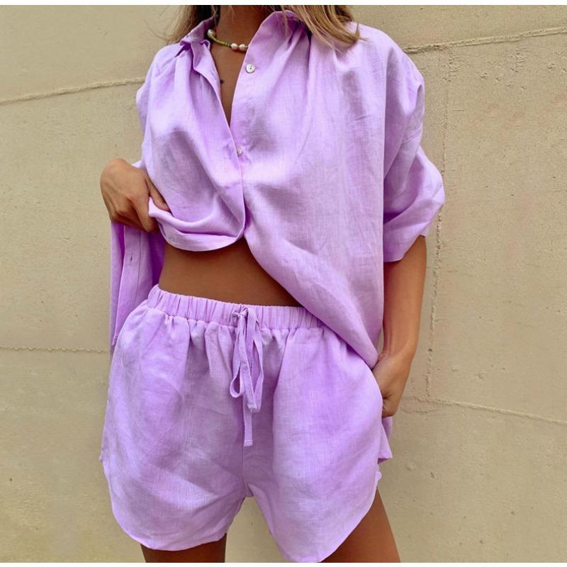 Модная однотонная рубашка, домашние костюмы, повседневные топы с коротким рукавом + шорты на шнурке, комплект из двух предметов, летний женский свободный наряд на пуговицах 2025 года