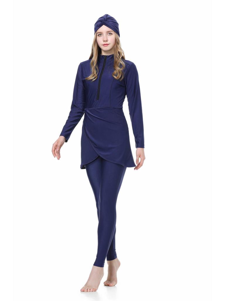 2022 Женский однотонный консервативный мусульманский купальник-тройка с капюшоном