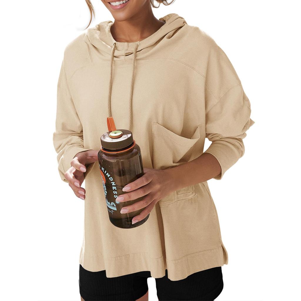 Женские негабаритные толстовки с длинными рукавами, повседневная свободная толстовка с капюшоном и завязками с боковыми разрезами для тренировок
