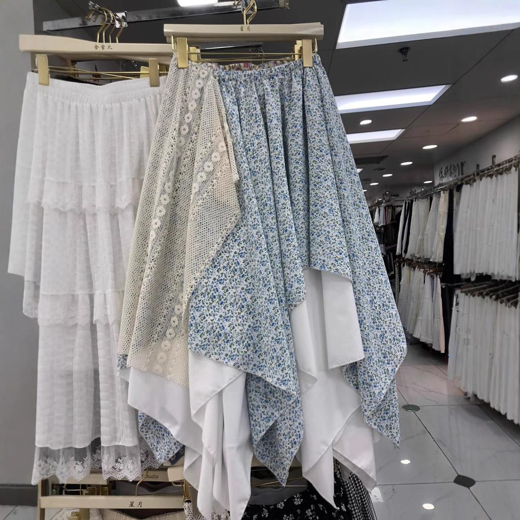 Юбка в цветочек в стиле Мори, многослойная кружевная юбка нерегулярной формы, милая юбка-зонтик в форме буквы А