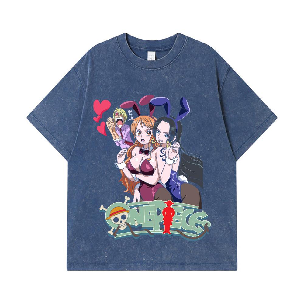 Стиранные футболки 275 г/м² 100% Хлопок One Piece V53 Нами Боа Принт Унисекс Тяжелая Хлопковая Футболка