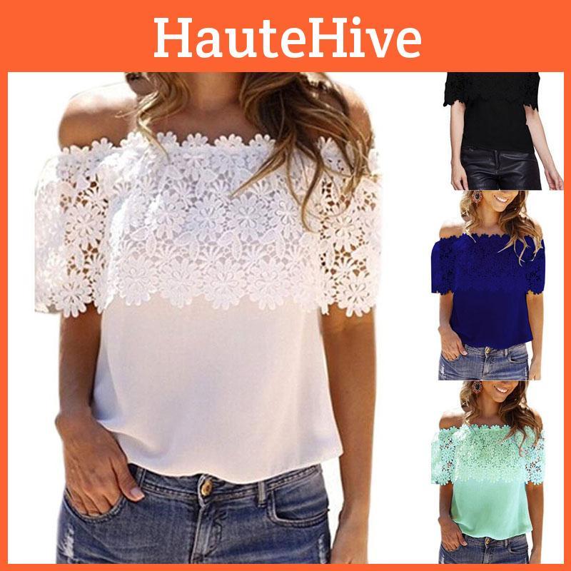 Элегантная женская блузка-футболка с кружевом и вырезами, с короткими рукавами и открытыми плечами, для летних прогулок