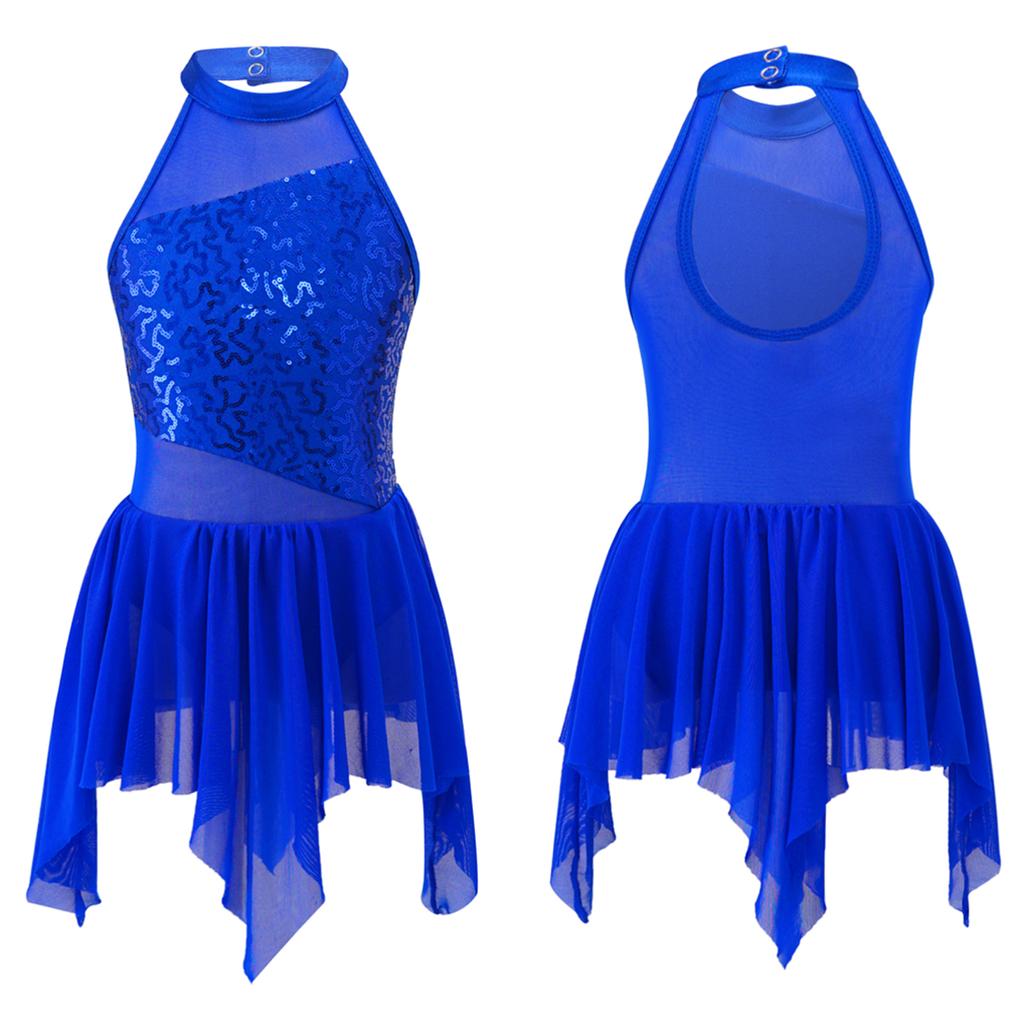 Kids Girls Sleeveless Shiny Sequins Asymmetrical Hem Ballerina Lyrical Modern Dance Leotard Dress