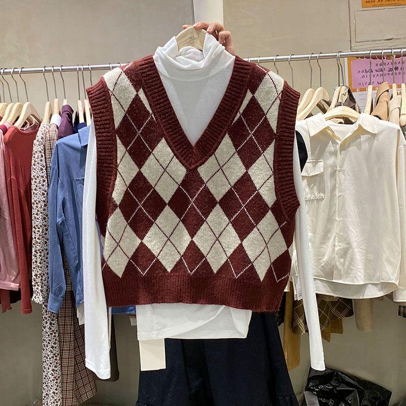 Свитер, женский жилет, лето 2023, корейский вязаный жилет в клетку с бриллиантами, женская верхняя одежда, свободный жилет без рукавов с v-образным вырезом, женский