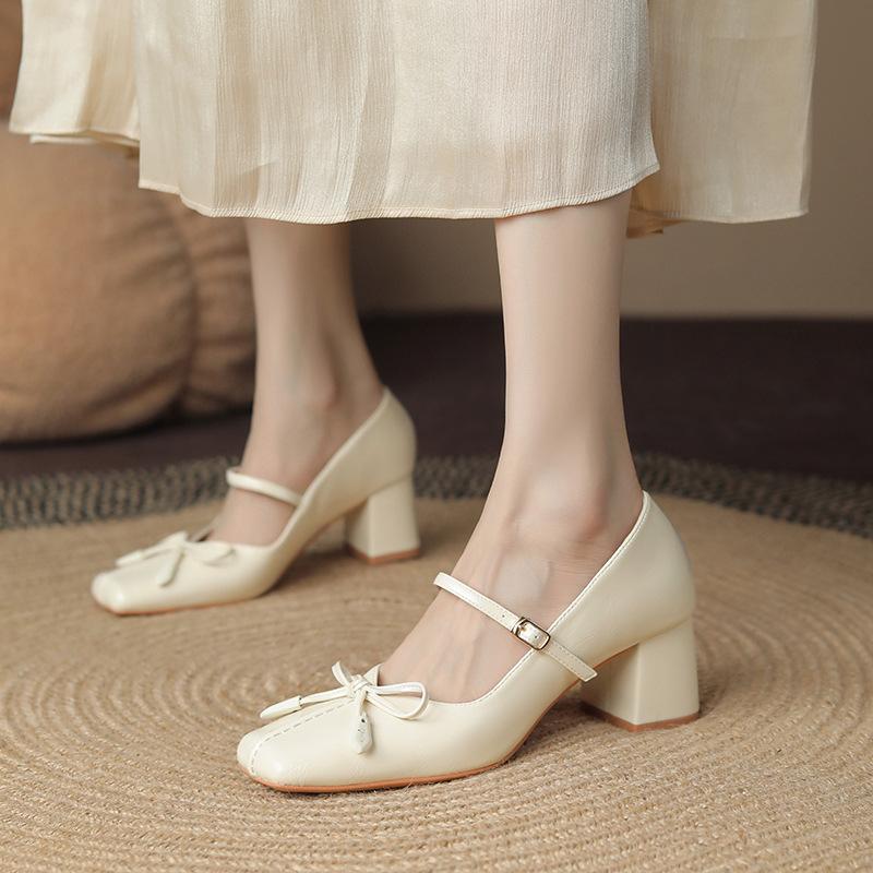 Shallow Mouth Mary Jane Shoes Female Bowknot Thick Heel Solid Color Square Toe Single Shoes High Heels All-match Autumntime