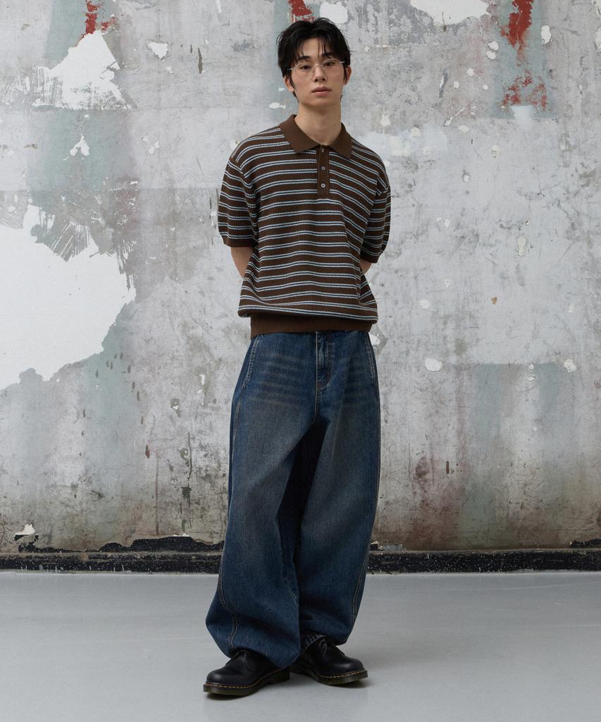 AGOD Collar Button Stripe Half Knit [Brown]