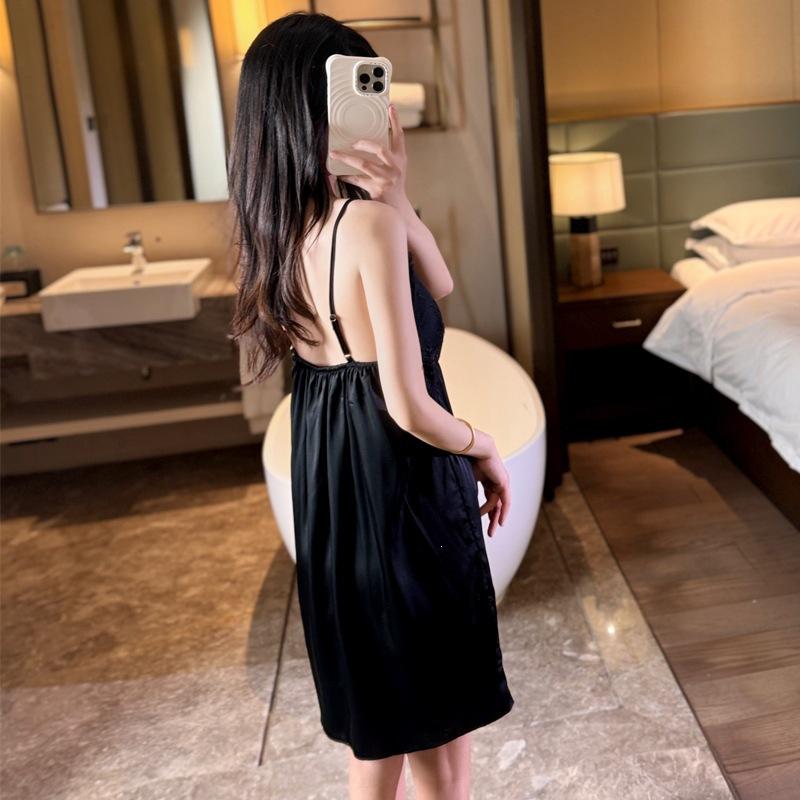Summer new ice silk pajamas women's sexy lace suspender nightdress with chest pad pure desire nightgown loungewear