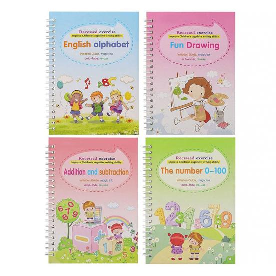 4Pcs/Set Grooved Copybook Handwriting Workbook Kit with Letters Numbers Tracing Reusable