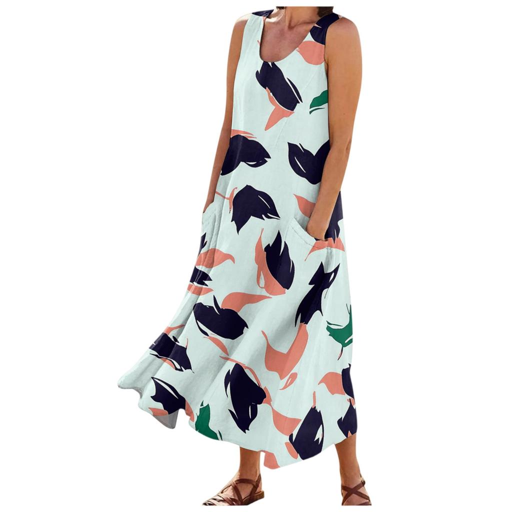 Женские модные летние повседневные платья без рукавов с цветочным принтом и маленькими карманами
