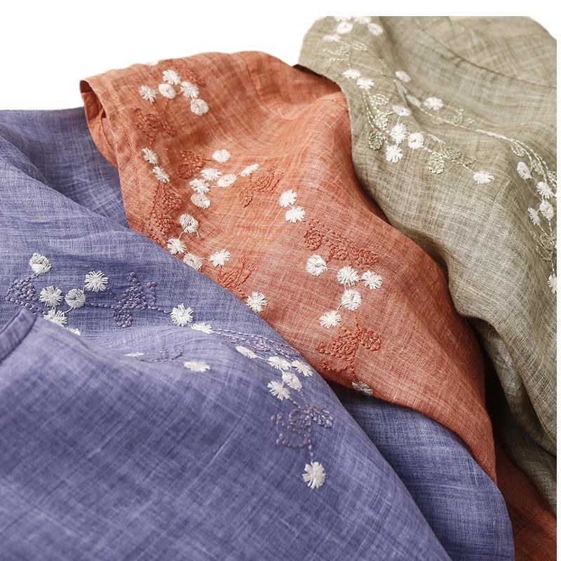 2025 лето новое хлопковое и льняное свободное платье с рукавами пять четвертей, средней и длинной круглой горловиной, вышитое женское платье