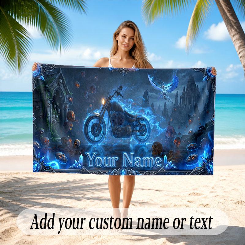 Motorcycle Theme Soft Beach Towel Personalized Custom Name Text Towel Portable for Beach Pool Travel