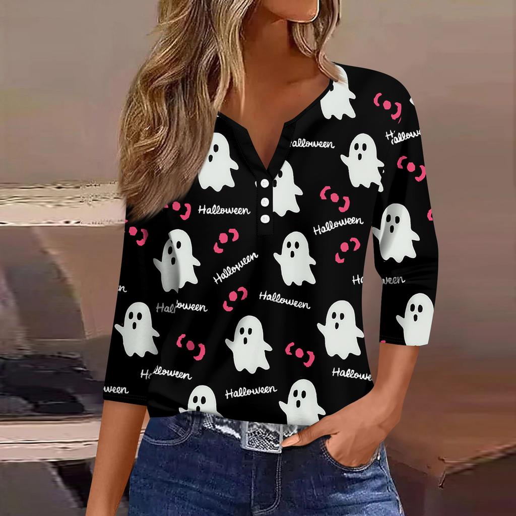 Women's T Shirt Tee Print Button 3/4 SleeveDaily Weekend Fashion Basic V- Neck Regular Top