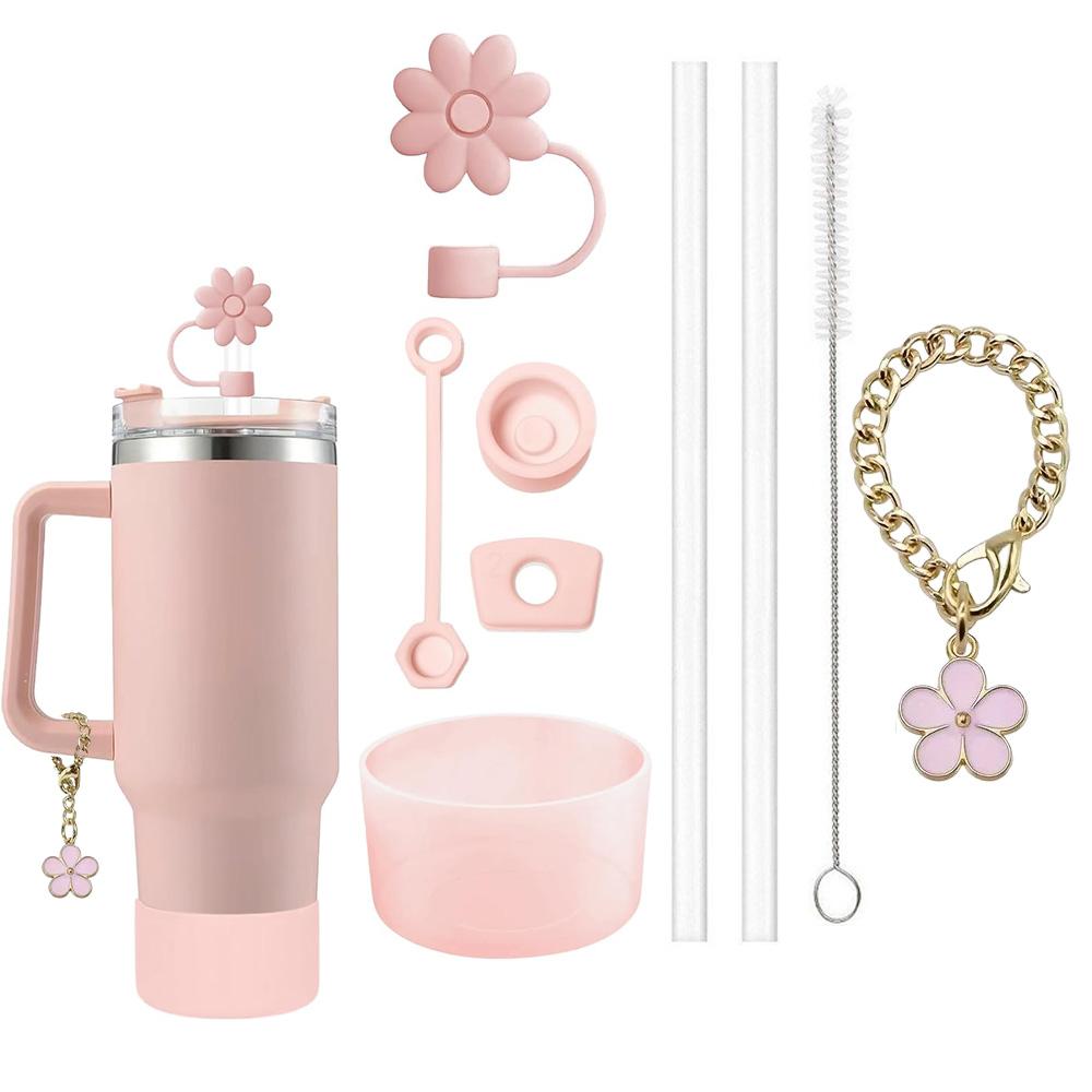 9pcs Accessories Set 3 Spill Proof Stopper Flowers Straw Cover Boot 2 Straw and Brush and 1 Flower Charm Chain for Cup