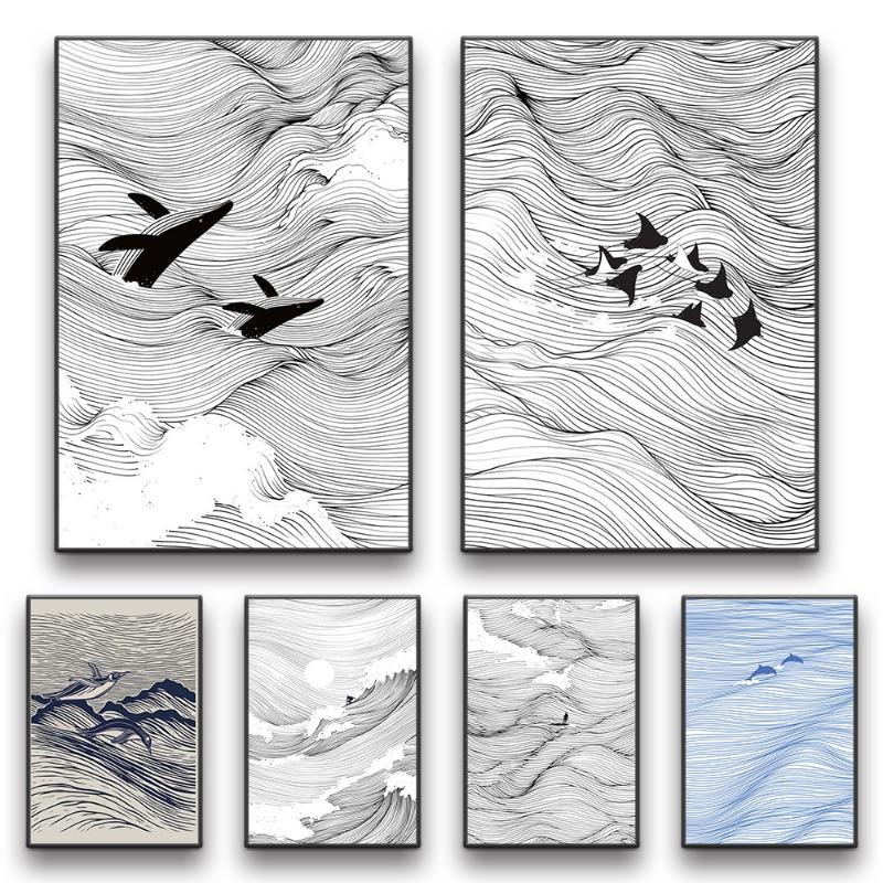 Waves Line Art Pictures Surfing Penguin Manta Dolphin Whale Prints Canvas Painting for Home Living Room Decoration
