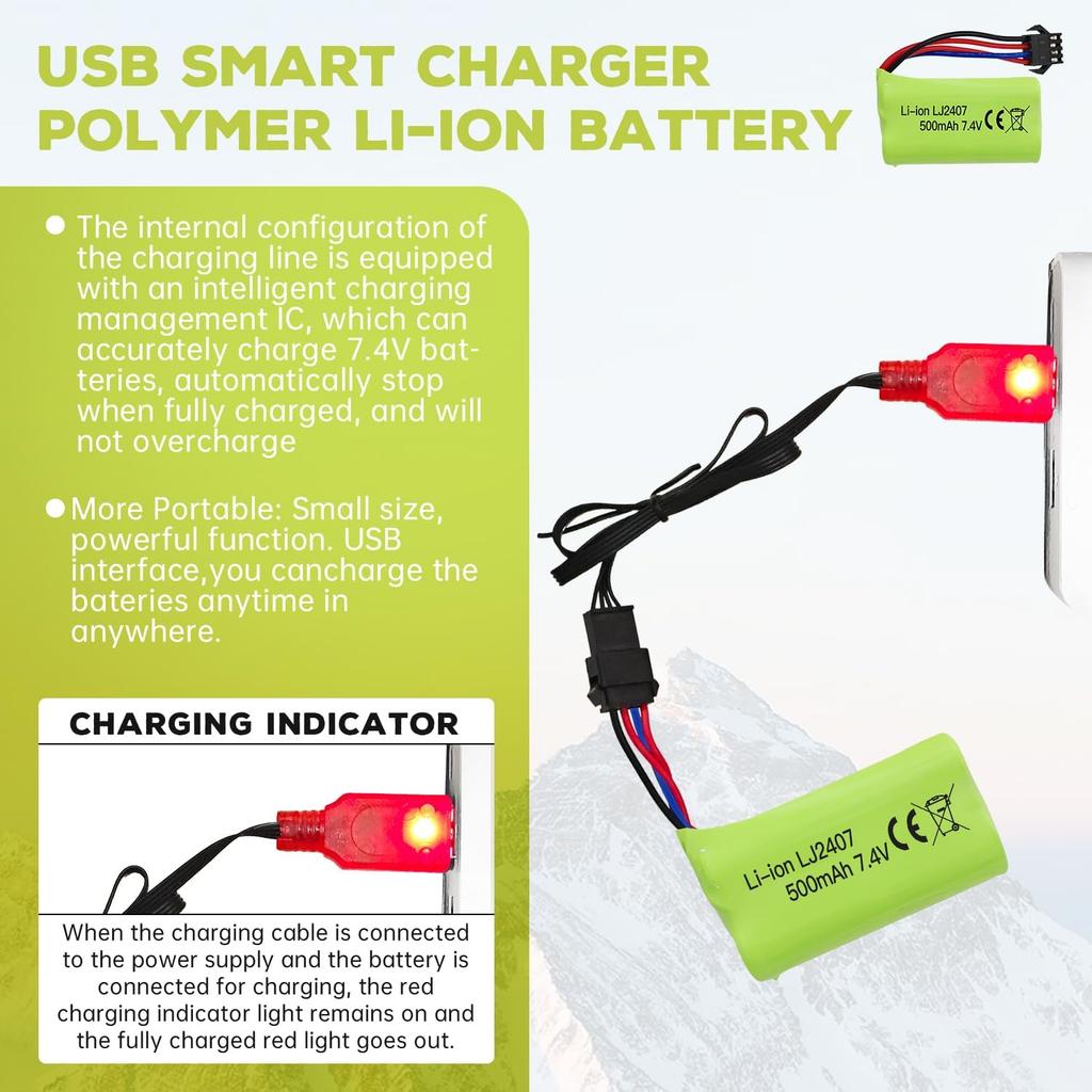 2x Высокоскоростные литиевые батареи 7,4 В 500 мАч – Совместимы с EC16 DE85 для радиоуправляемой лодки, модели корабля, автомобиля – с USB-зарядным устройством