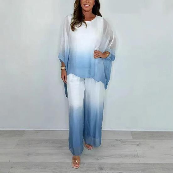 Summer Chiffon Gradient 2 Piece Set for Women Plus Size Crew Neck