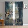 Прозрачные оконные шторы с изображением дома с привидениями для гостиной, спальни, современная вуаль, тюлевые шторы, тканевые шторы для кухни