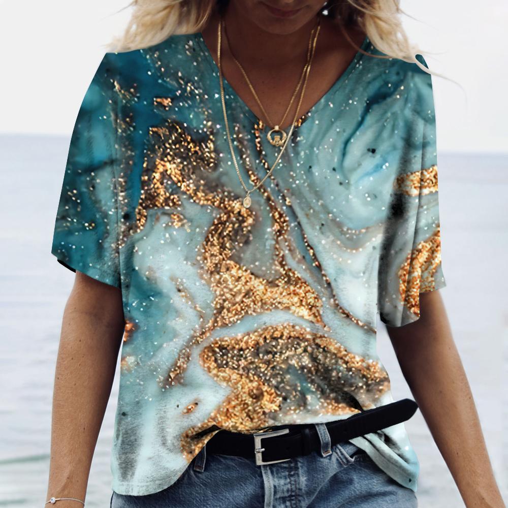 Летние женские футболки с 3D-принтом, градиентная футболка Harajuku, свободные футболки для женской одежды, новые топы с коротким рукавом и V-образным вырезом