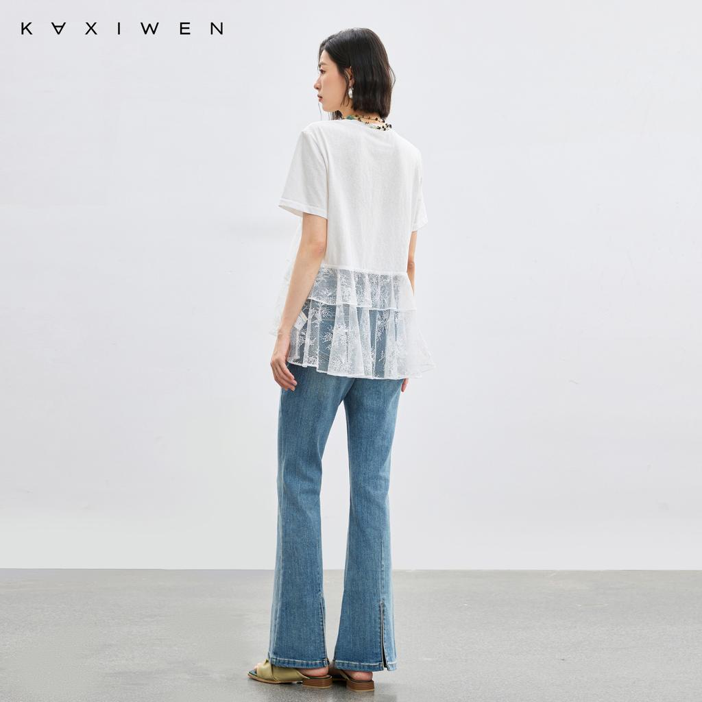 Qianwen Fake Two-Piece Lace Patchwork T-Shirt