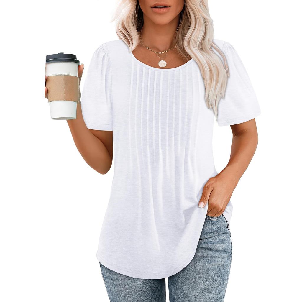 Women Soild  Crew-Neck Cute Tee Short Sleeve Pleated Dressy Casual Scooped Neck  T Shirt Tops